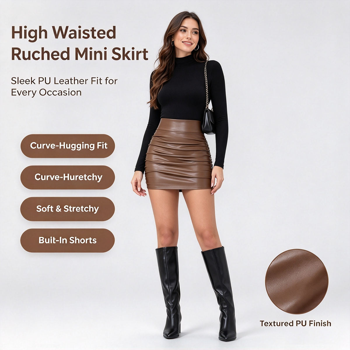 High Waisted Tummy Control Ruched Curved Hem 2-in-1 Fleece PU Mini Bodycon Skirt