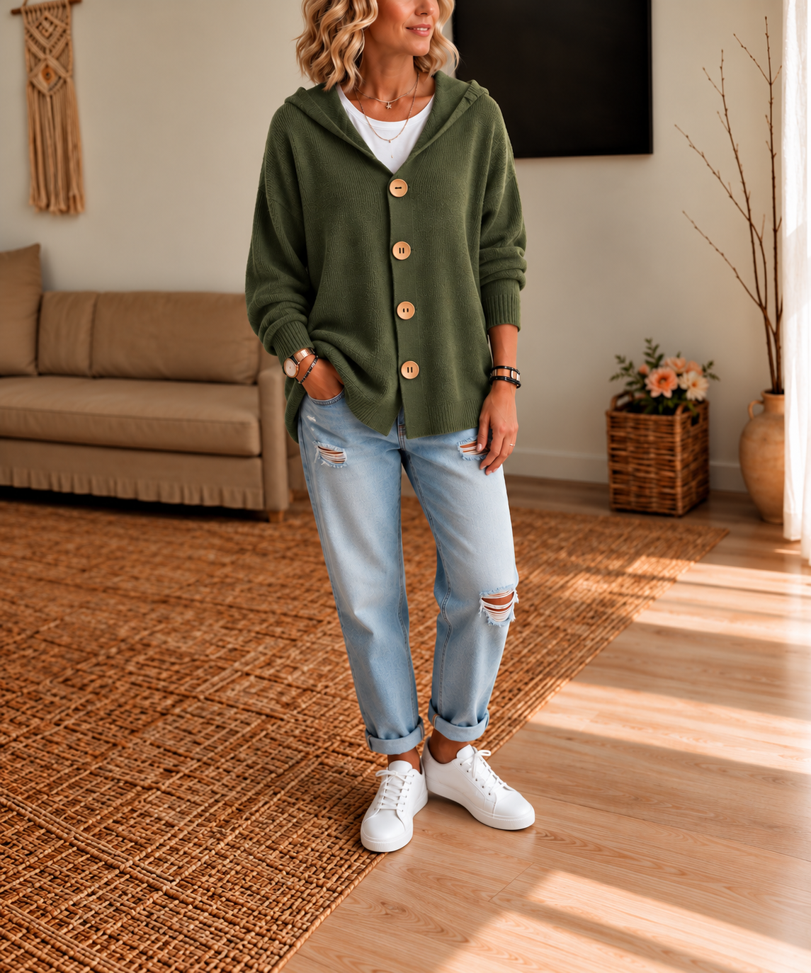 Hooded Waffle-Knit Button-Front Cardigan