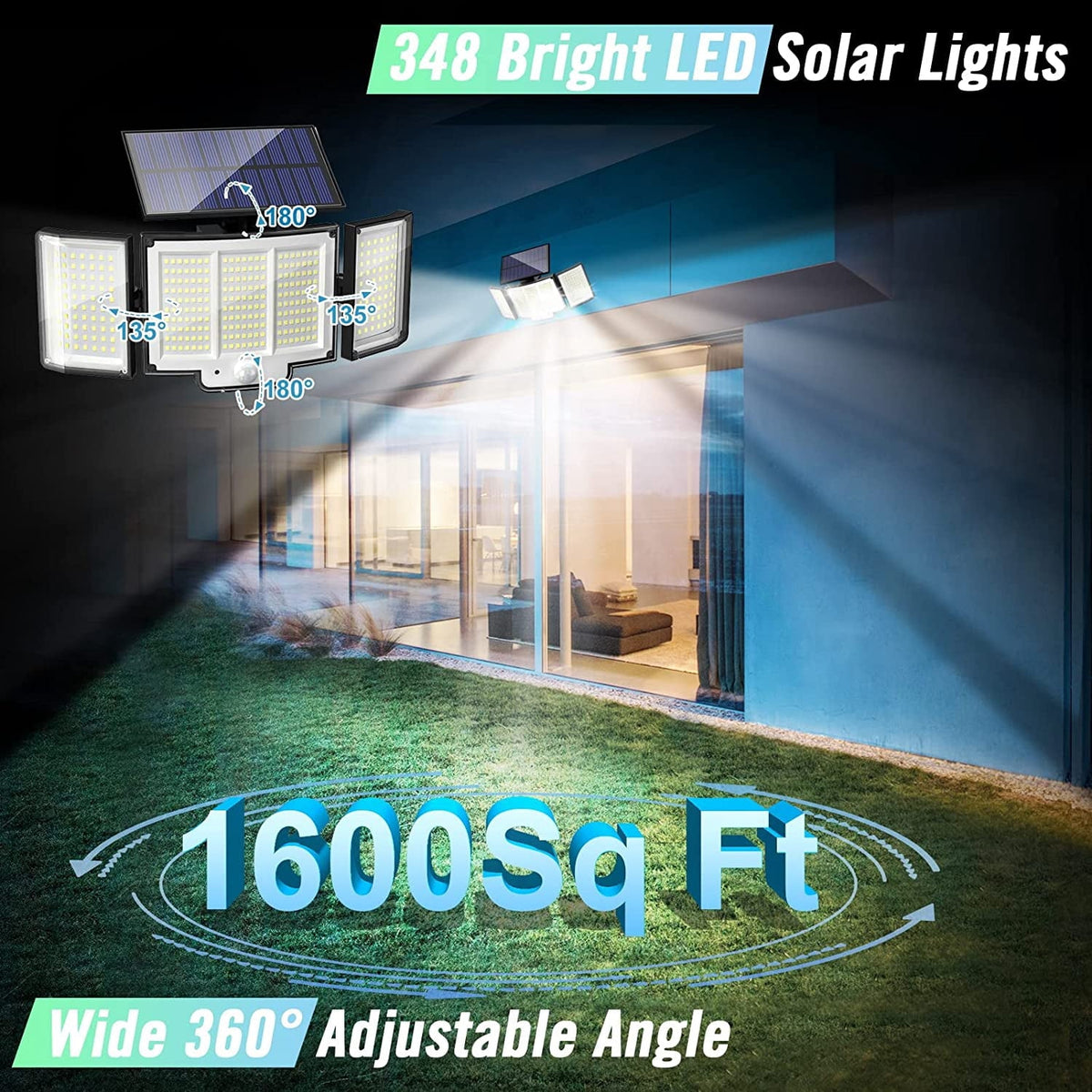 Solar Motion Sensor Security Light with Remote, 348 LED 3 Head