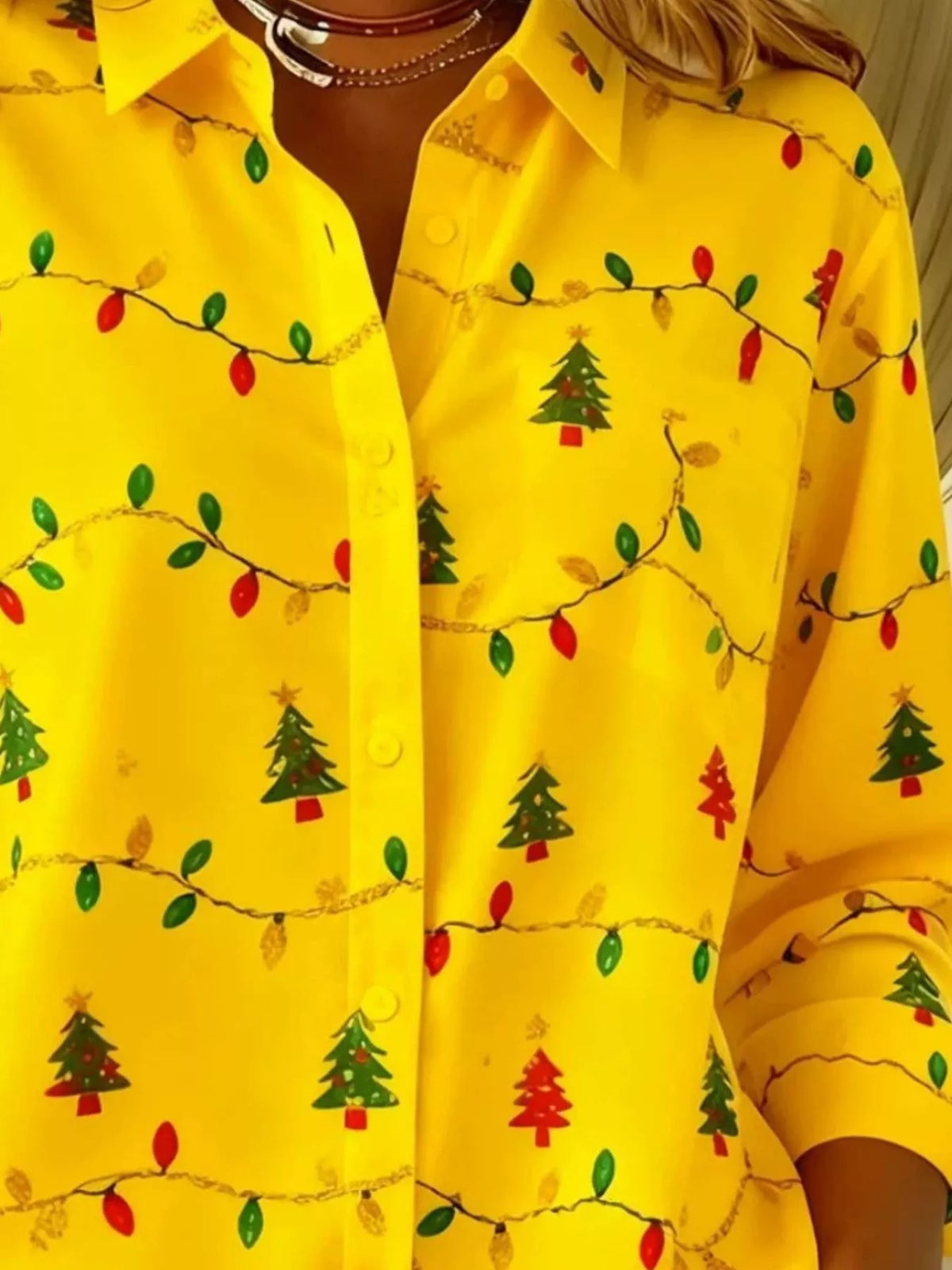 Christmas Tree Print Long Sleeve Button-Down Shirt Plus Size