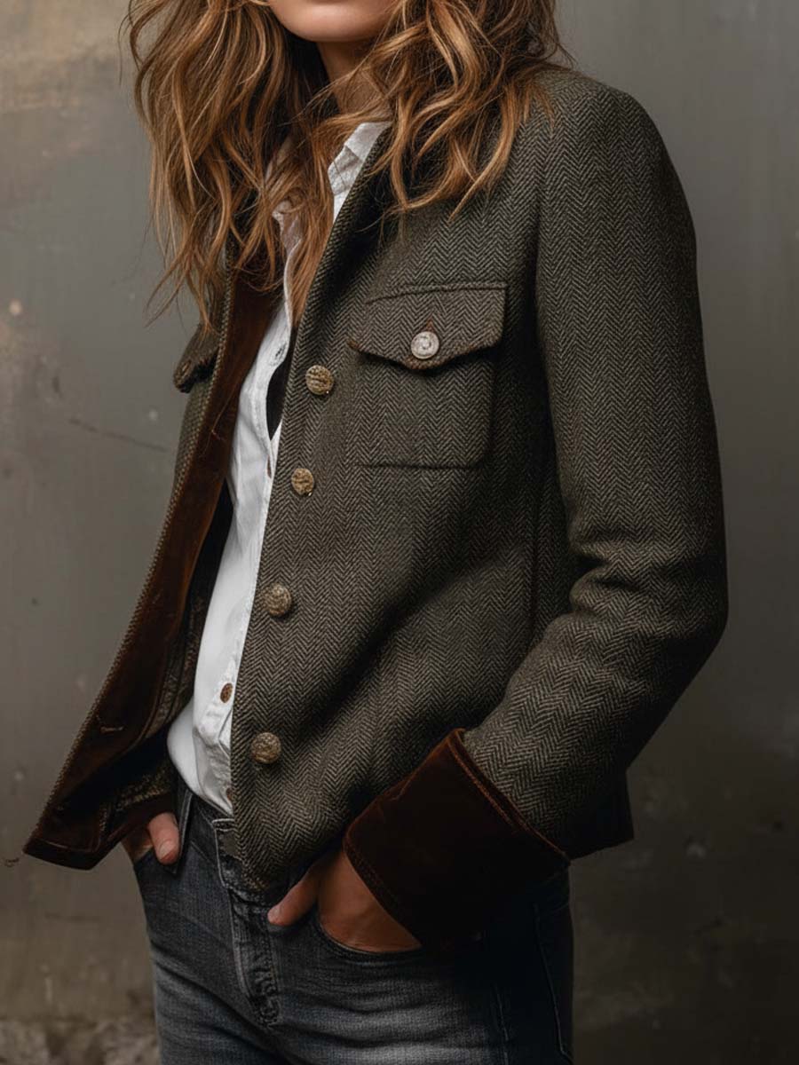 Honorine Vintage Chevron Blazer with Contrasting Trim