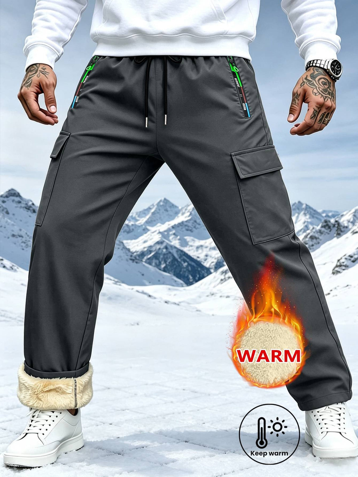 Men's Solid Color Cargo Pants with Zipper Pockets