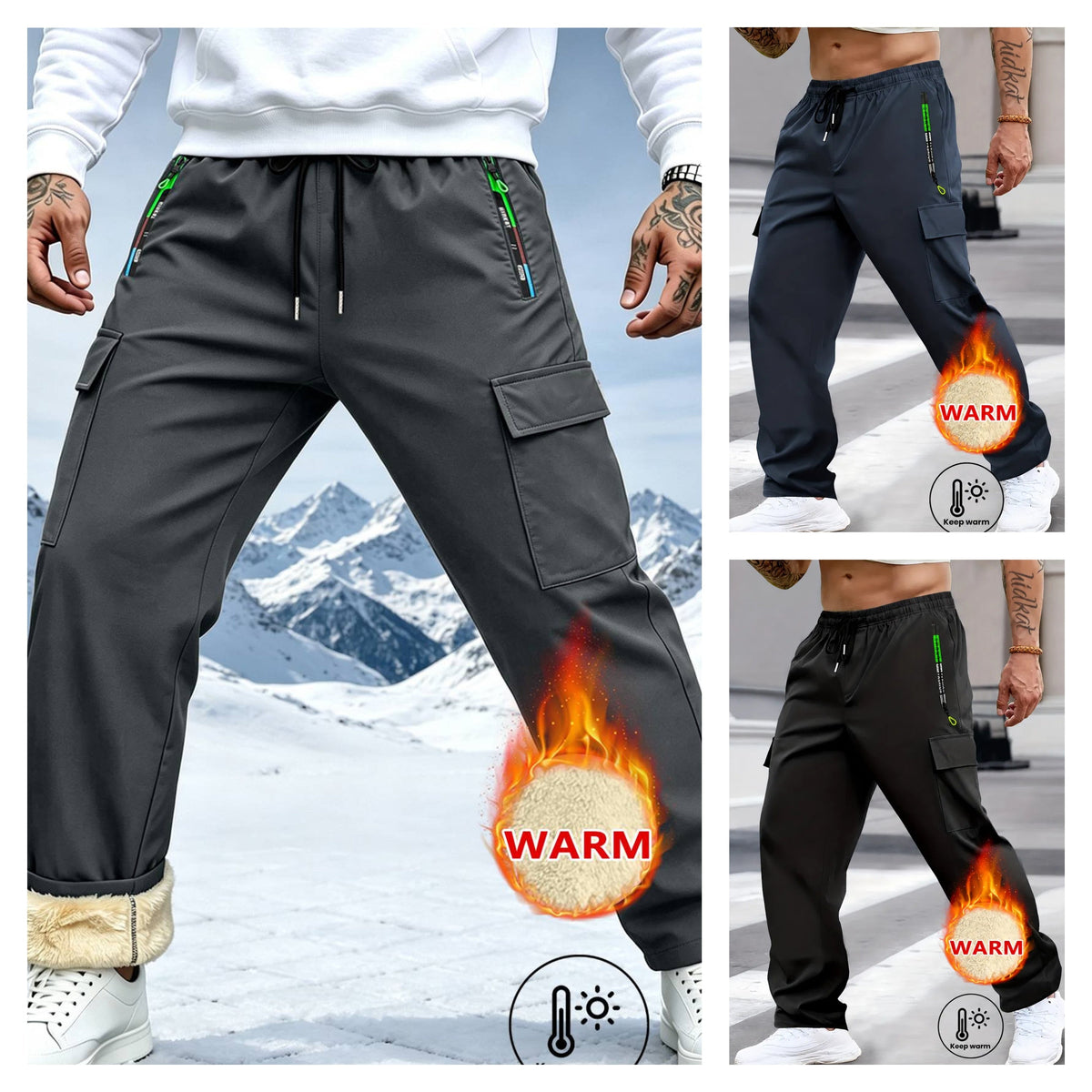 Men's Solid Color Cargo Pants with Zipper Pockets