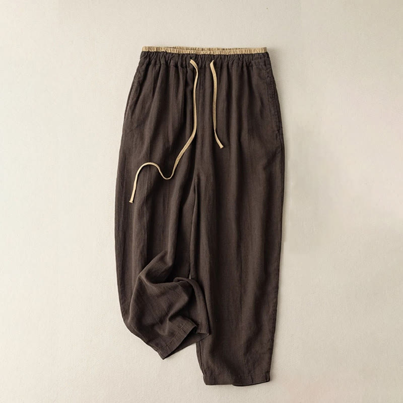 Casual Solid Color Cotton Linen Drawstring Women's Pants With Pockets