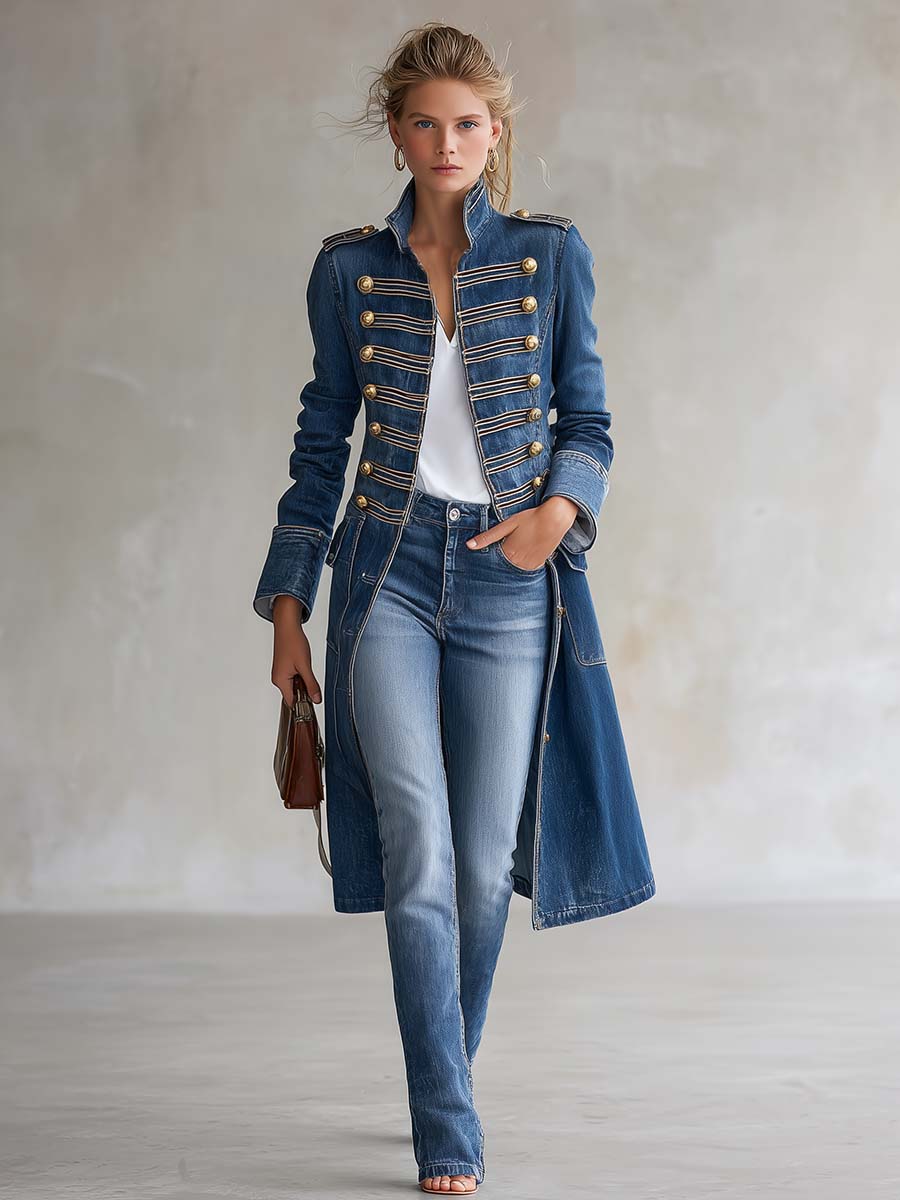 Long Fitted Military Style Denim Coat with Gold Buttons