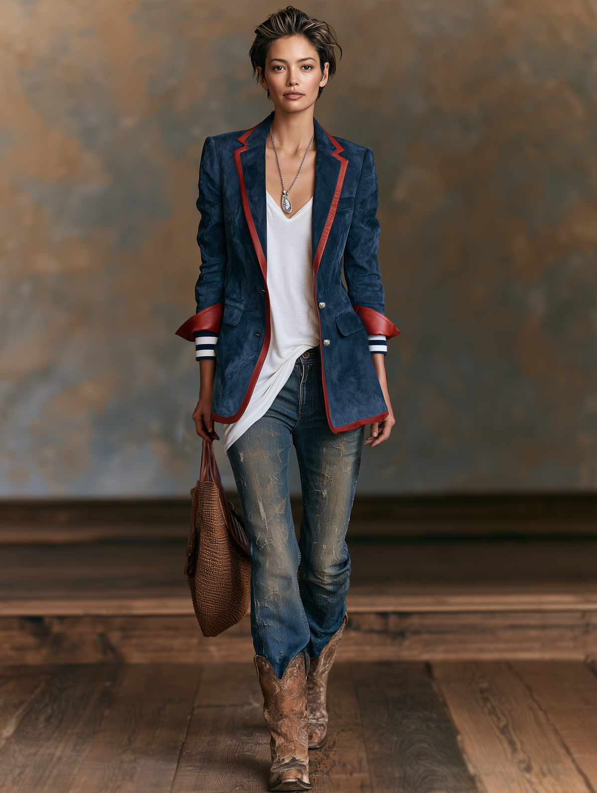 Women's Vintage-style Faux Suede Blazer With Red Leather Trim