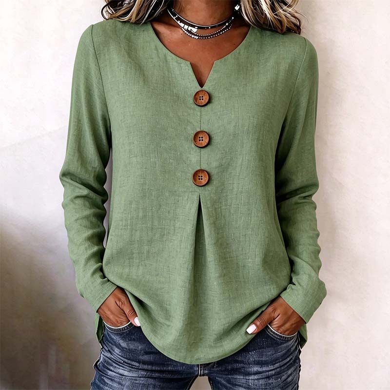 Vintage Large Button Long Sleeve Top, Women's Fashion Basic Blouse