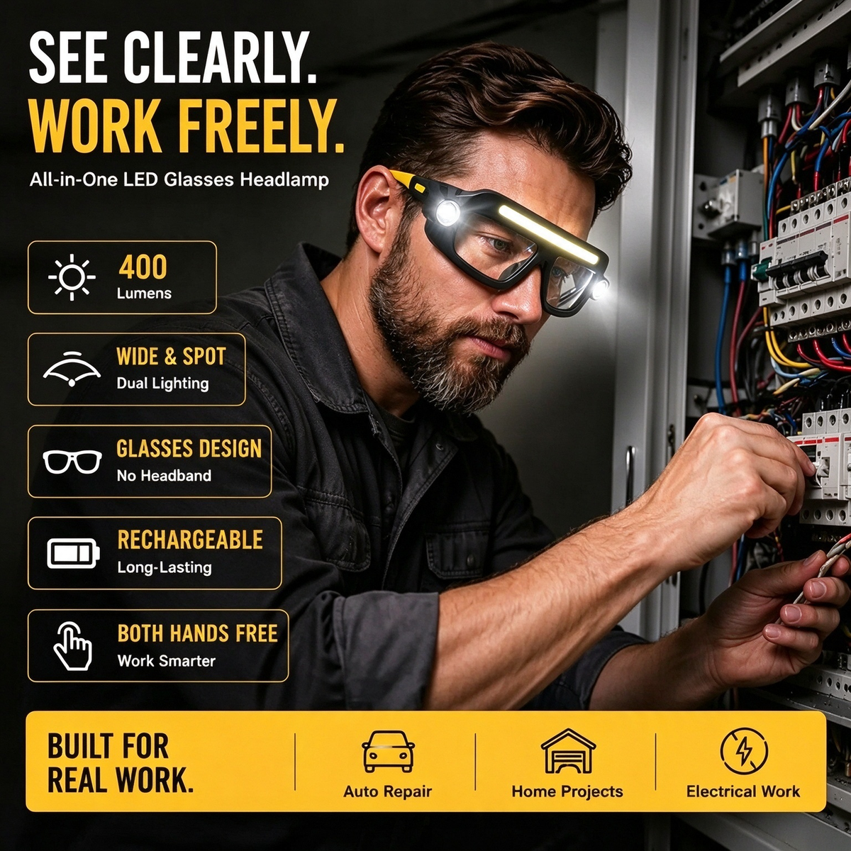 Rechargeable LED Headlamp Glasses - Hand-Wave Sense, Type-C USB Charging