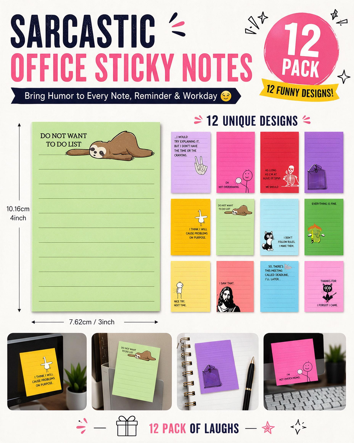 12-Pack Sarcastic Office Sticky Notes β Funny Coworker Memo Pads & Hilarious Desk Gifts
