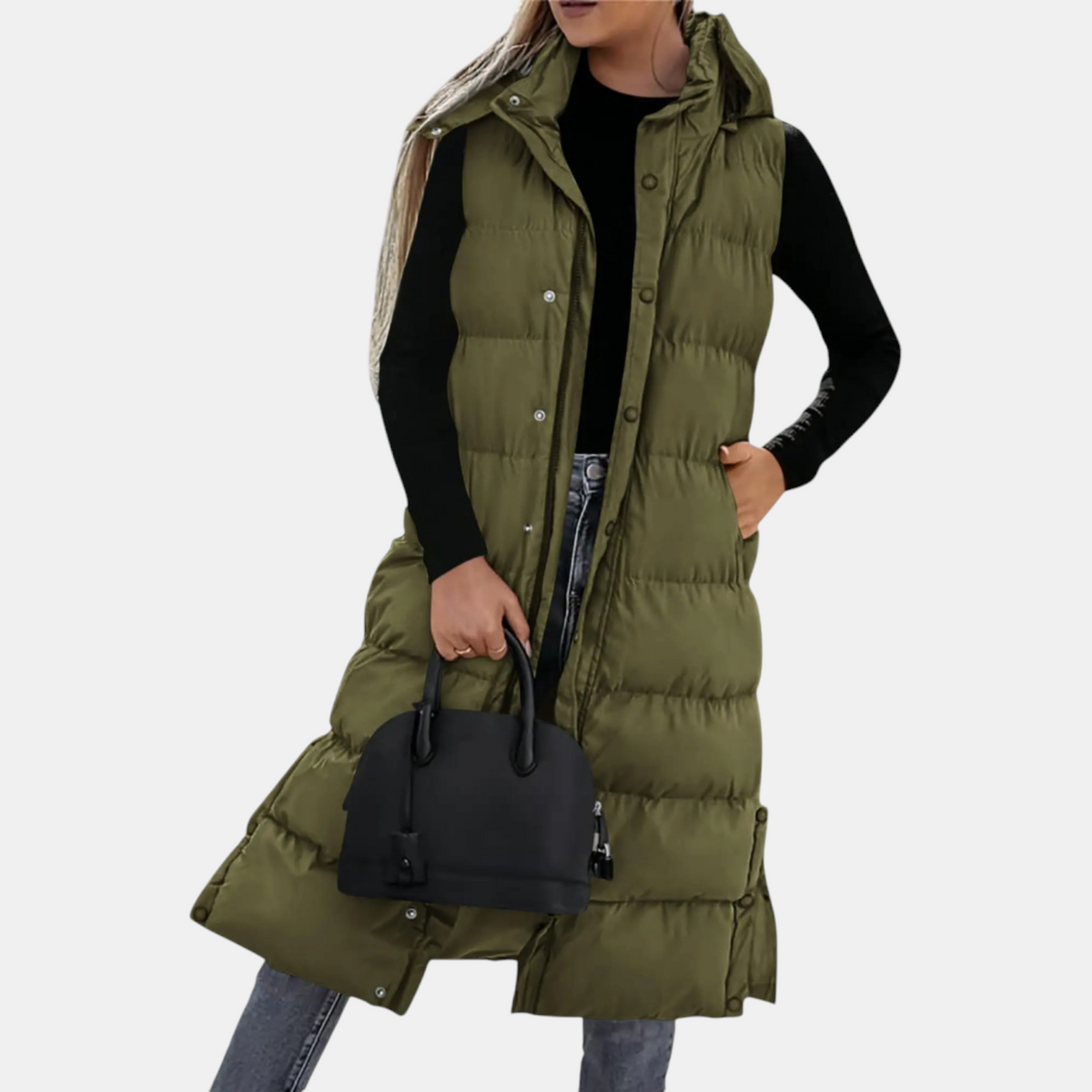 Cornelia Quilted Vest with Hood and Side Slits