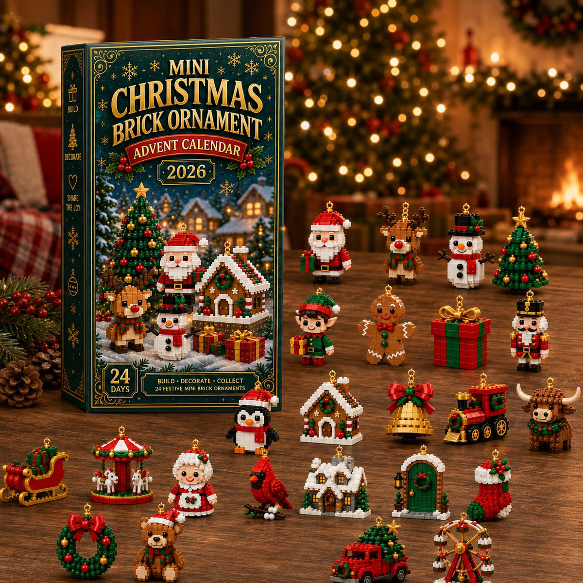 24-Day Mini Christmas Decoration Advent Calendar - 24 Unique Festive Building Sets with Hanging Loops