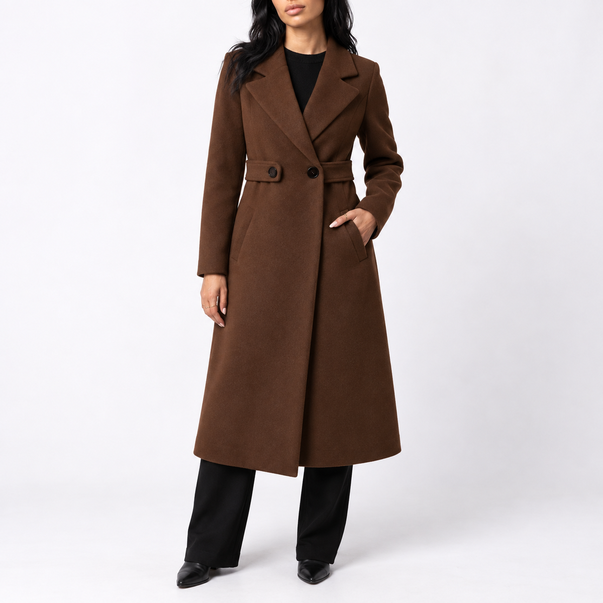 Women's Long Belted Wool Winter Coat with Wide Lapels and Side Pockets