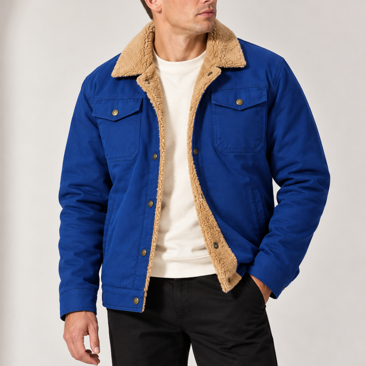 Men's Sherpa-Lined Trucker Jacket with Fleece Collar and Chest Pockets