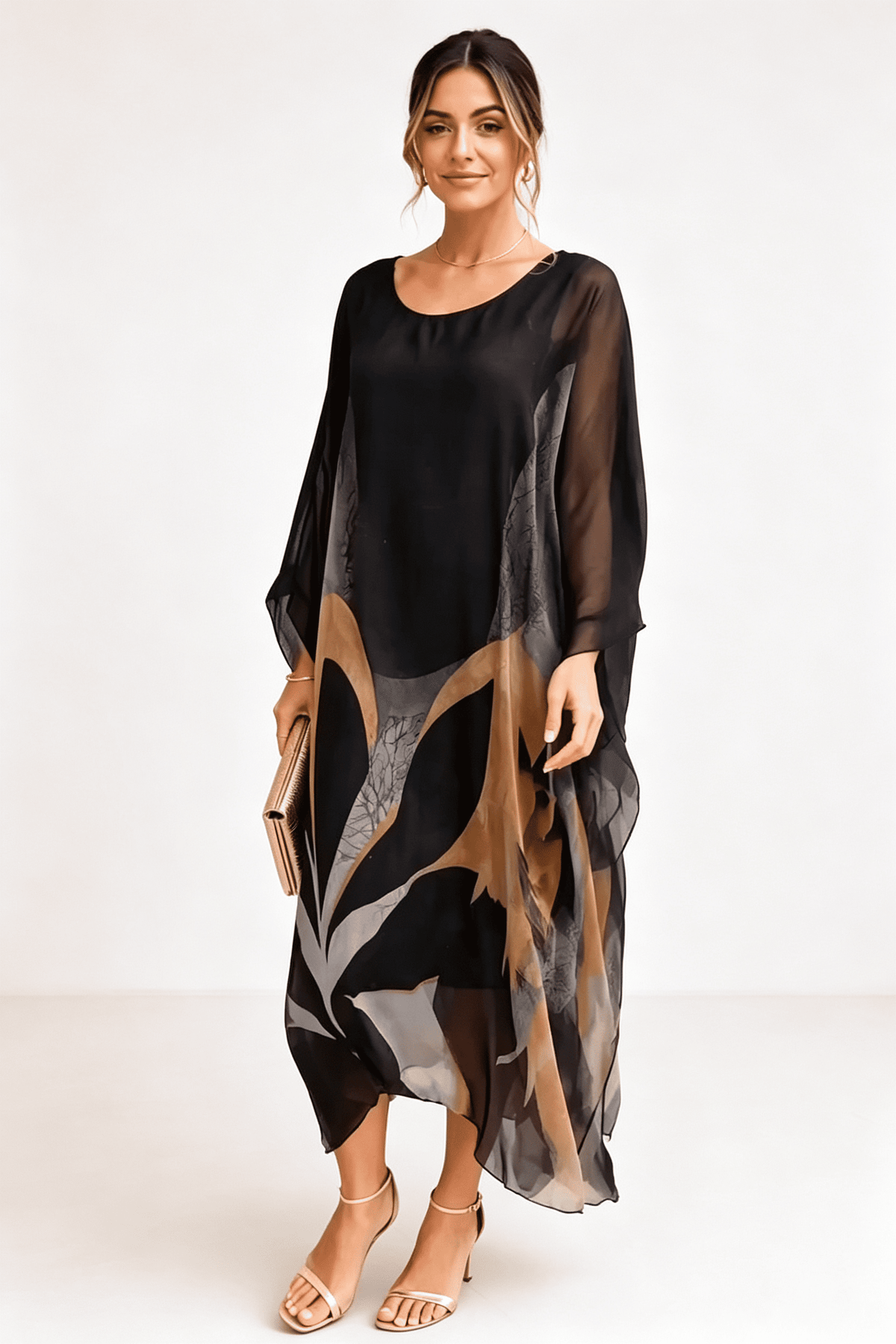 Black-Grey-Gold Printed Kaftan Maxi Dress
