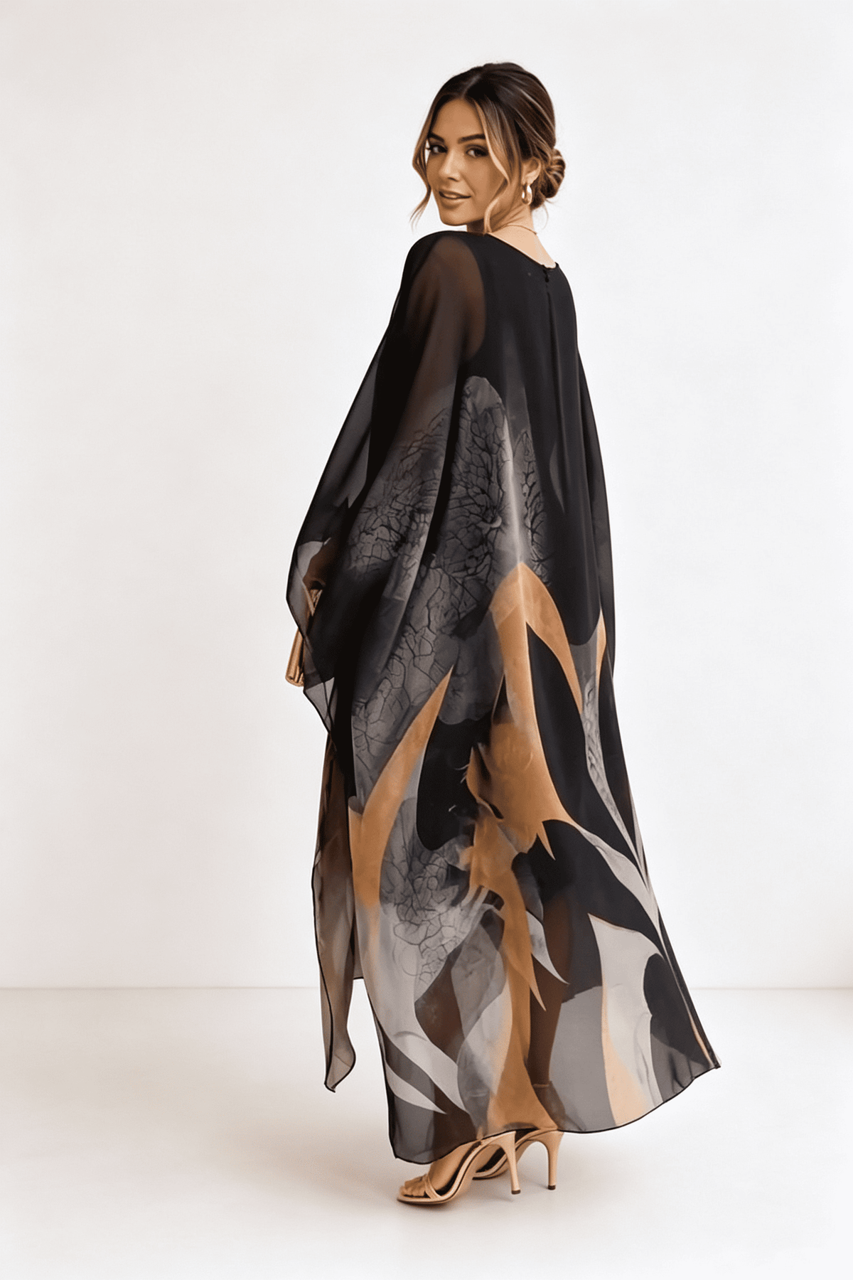 Black-Grey-Gold Printed Kaftan Maxi Dress
