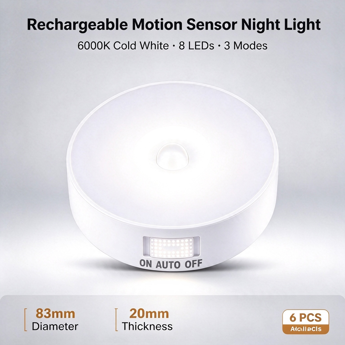6 Pcs Motion Sensor Light, Rechargeable Night Light