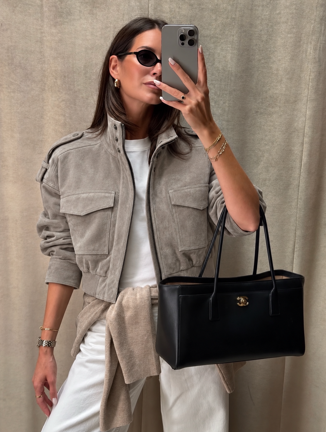 Suede Cropped Bomber Jacket in Gray