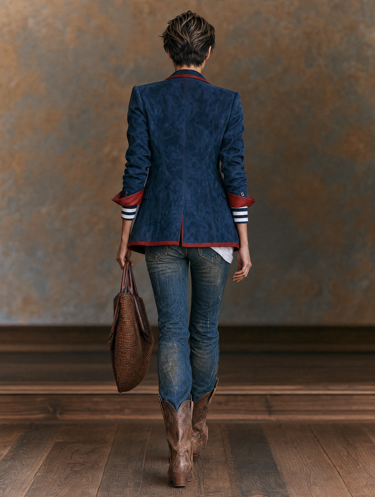 Women's Vintage-style Faux Suede Blazer With Red Leather Trim