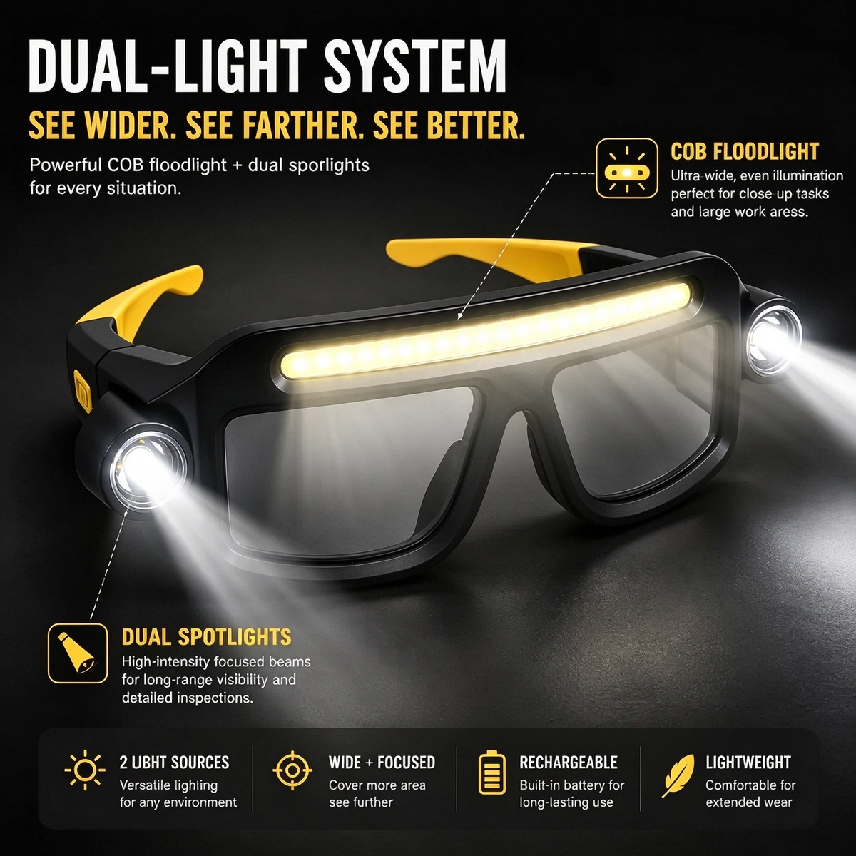 Rechargeable LED Headlamp Glasses - Hand-Wave Sense, Type-C USB Charging