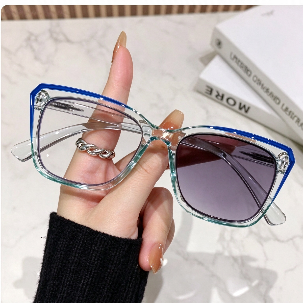 Progressive Photochromic Readers for Women, Pink Square Multifocal Reading Glasses