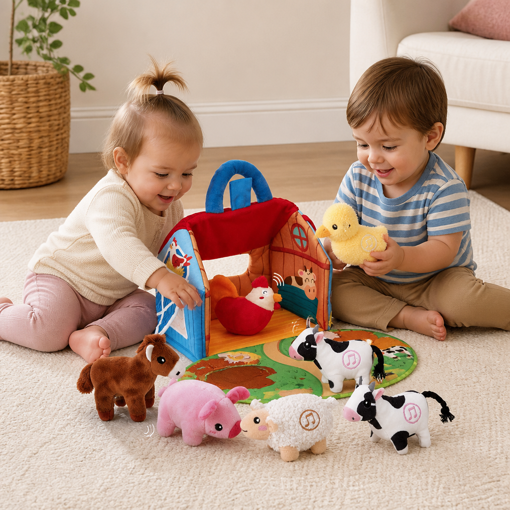 Plush Farm Animals Set β Interactive Educational Toy with Portable House