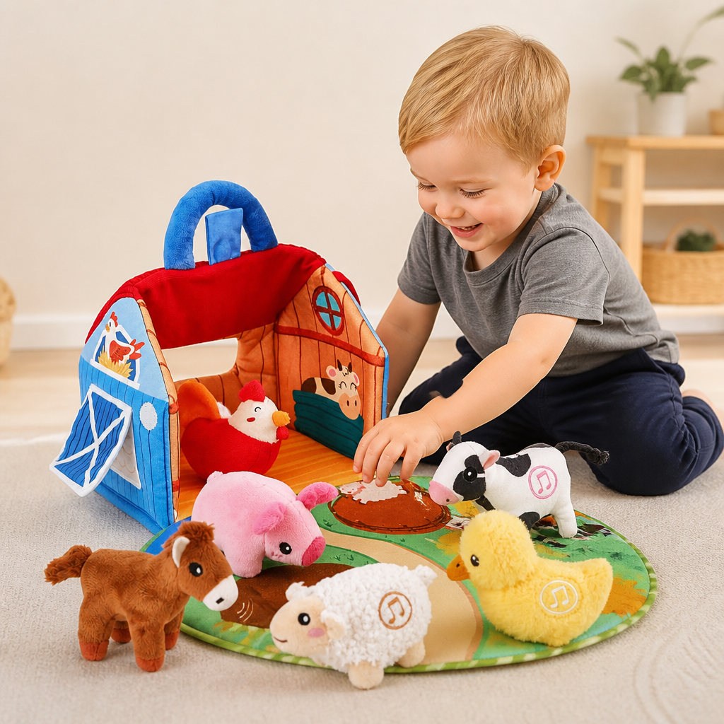Plush Farm Animals Set β Interactive Educational Toy with Portable House