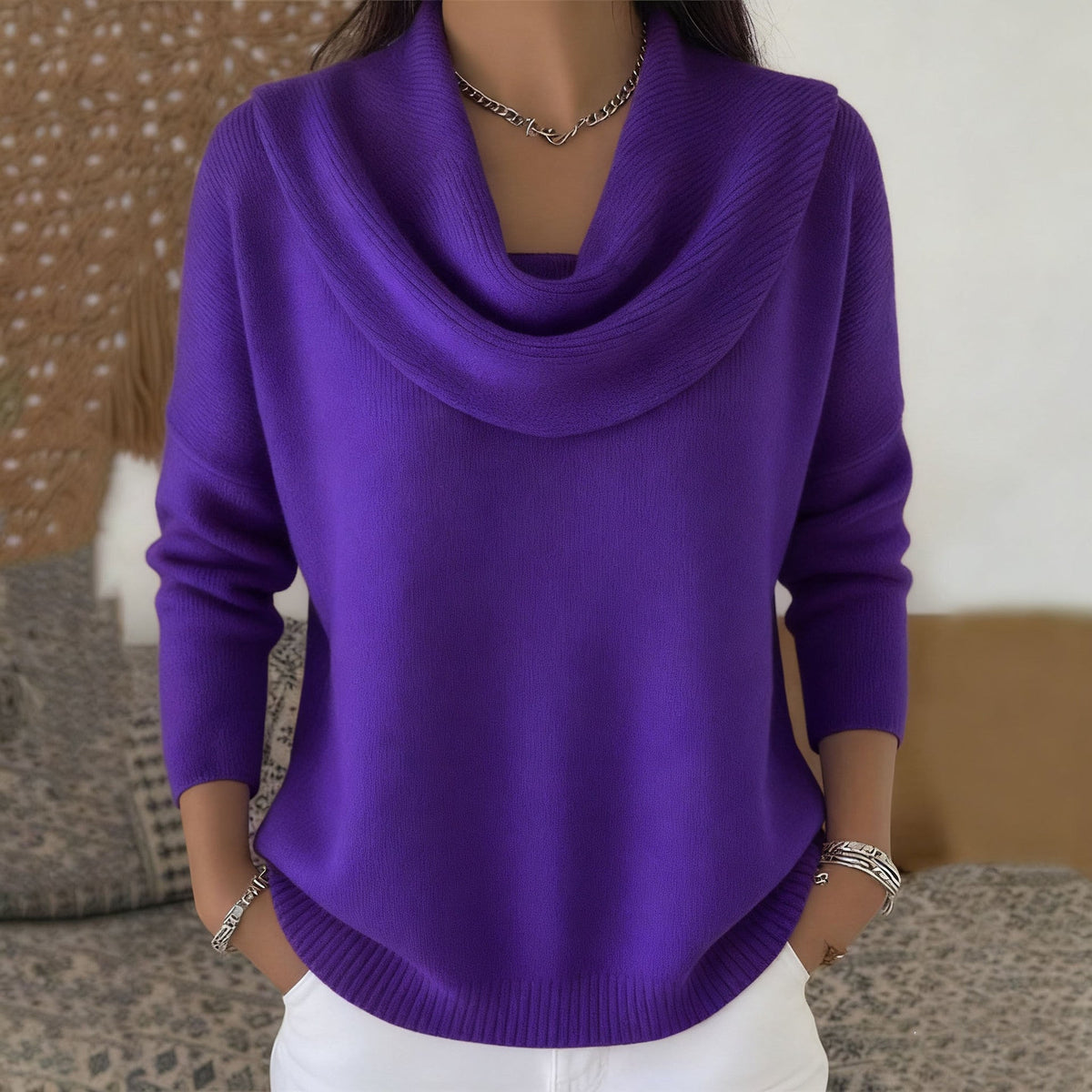 2026 Autumn/Winter New Solid Color Long Sleeve Sweater with Elegant Neckline