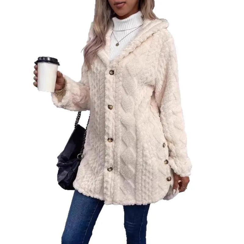 Women's Hooded Double-Sided Fleece Cardigan Long Sleeve Casual Warm Outerwear