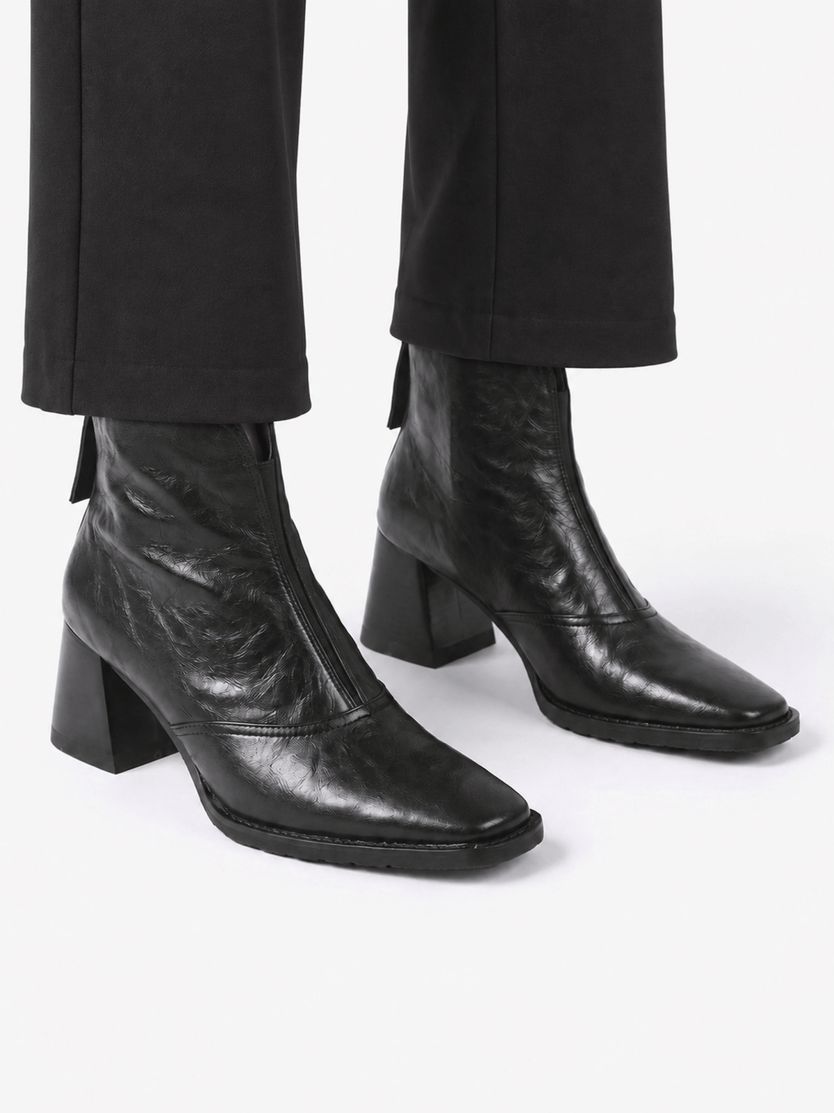 Women's Leather Ankle Boots with Square Heel and Zipper