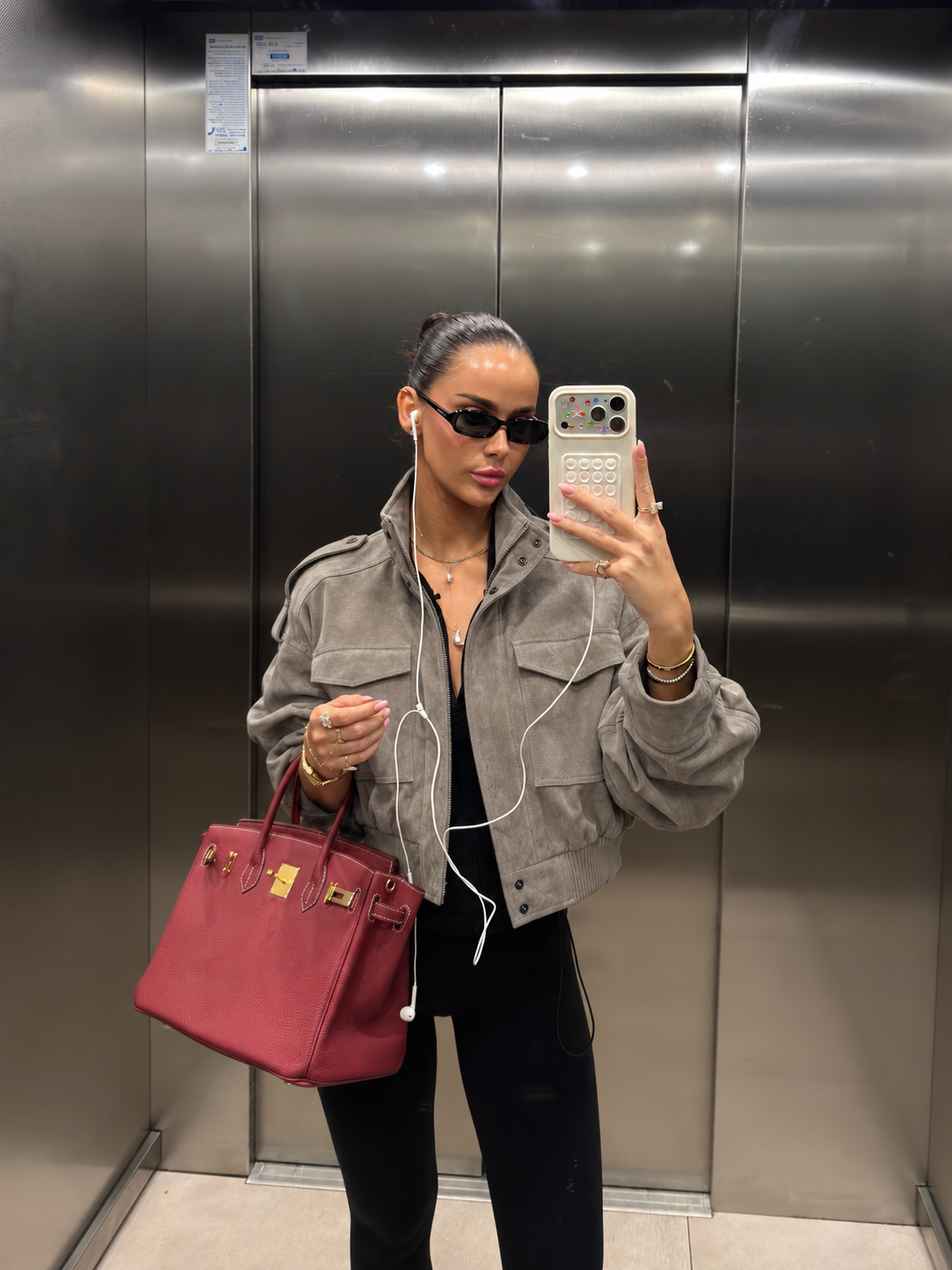 Suede Cropped Bomber Jacket in Gray