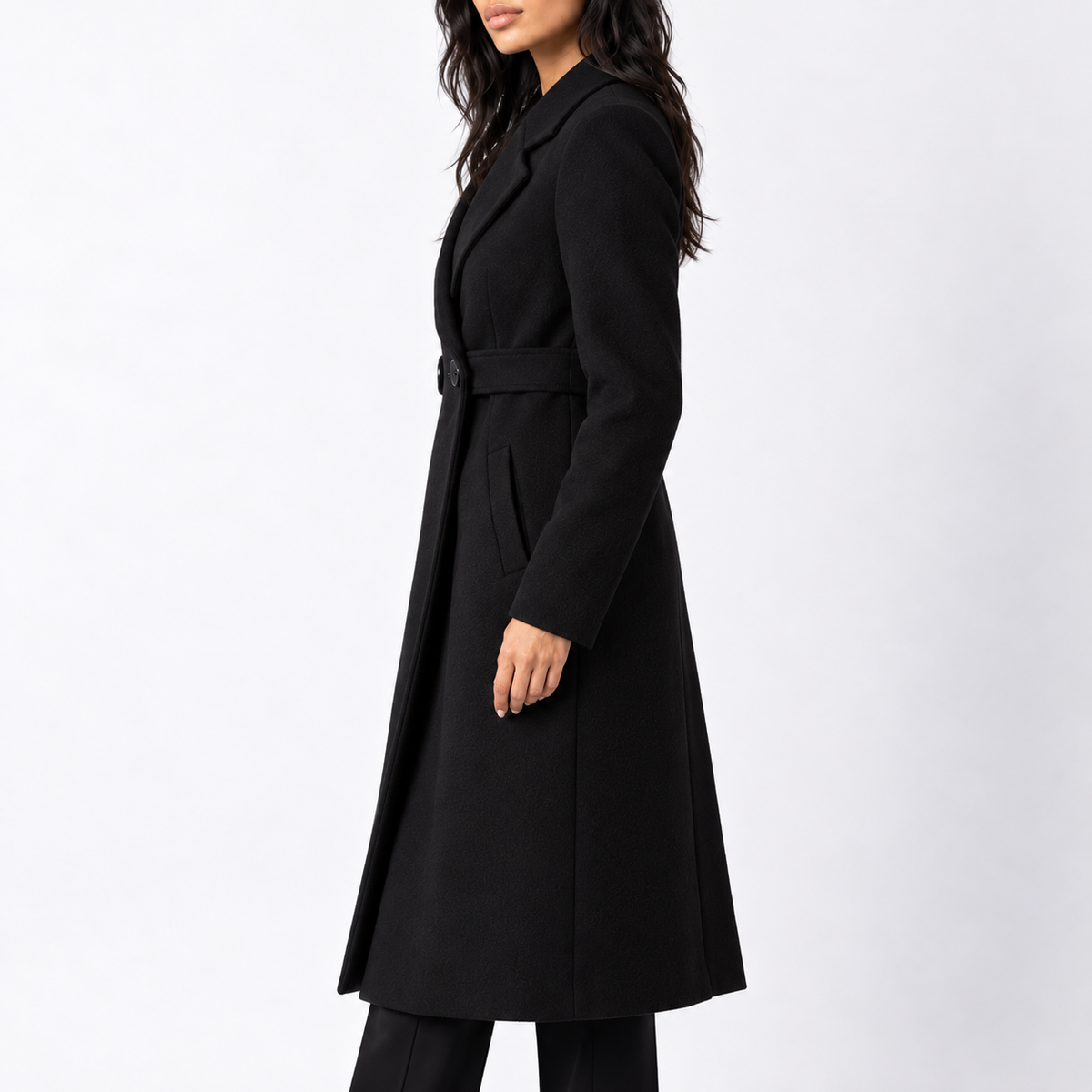 Women's Long Belted Wool Winter Coat with Wide Lapels and Side Pockets