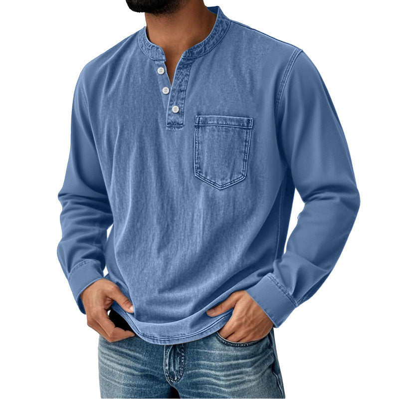 Men's Denim Shirt with Long Sleeves, V-Neck and Pocket