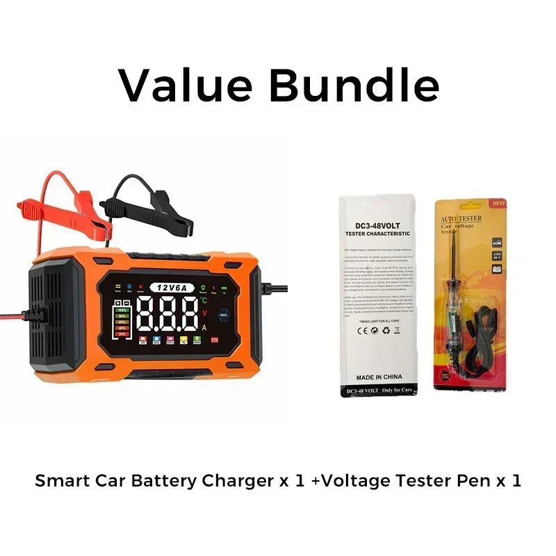 Smart Car Battery Charger 12 V 6 A – Pulse Repair Function, LCD Display and Maximum Safety