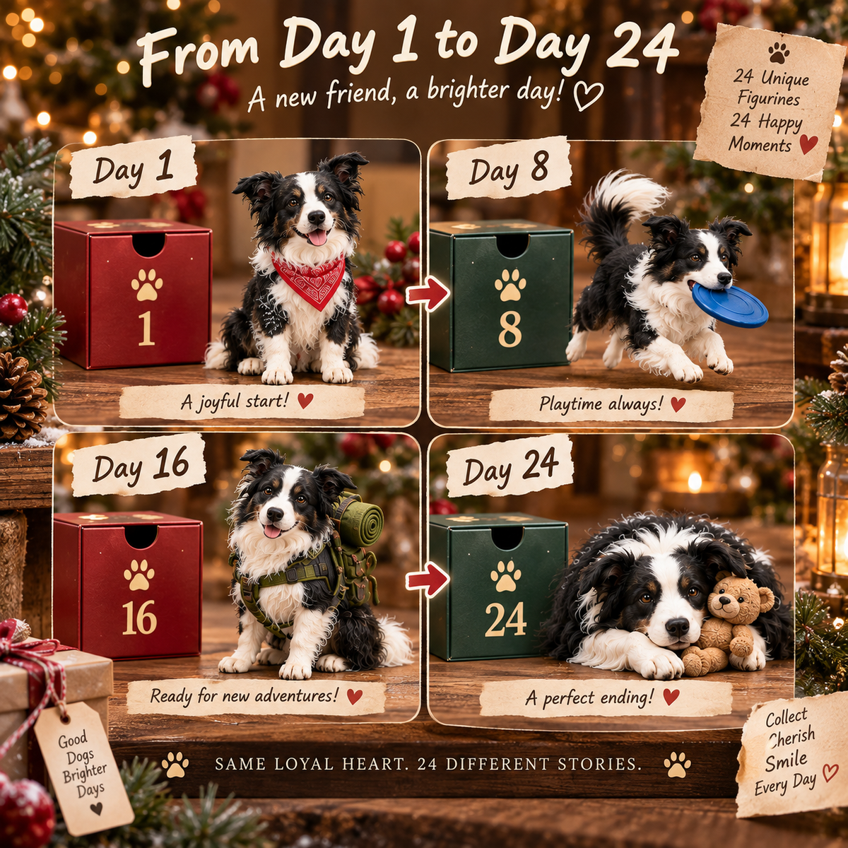 24 Days of Border Collie β 24 Unique Dog Figurines | Christmas Collectible Gift Set