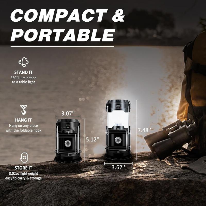 Solar Camping Lantern - Rechargeable LED Lights, Magnetic Base & Foldable Hanging Hook - Collapsible Lamp Battery Powered Perfect for Power Outages, Hiking, Emergencies
