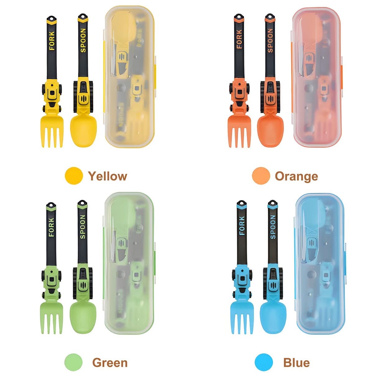 Construction Vehicle Kids Utensil Set | 3-Piece Feeding Set with Spoon, Fork & Storage Case | Soft Grip | Dishwasher Safe | Perfect for Travel & Home | Gift Set Utensils