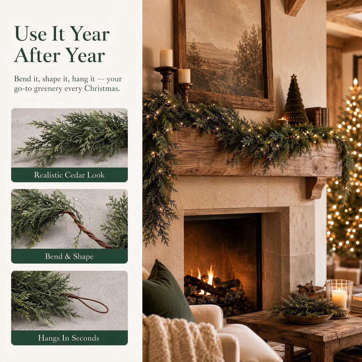6 FT 2 PCS Artificial Cedar Garlands, Real Touch Winter Cedar Garland