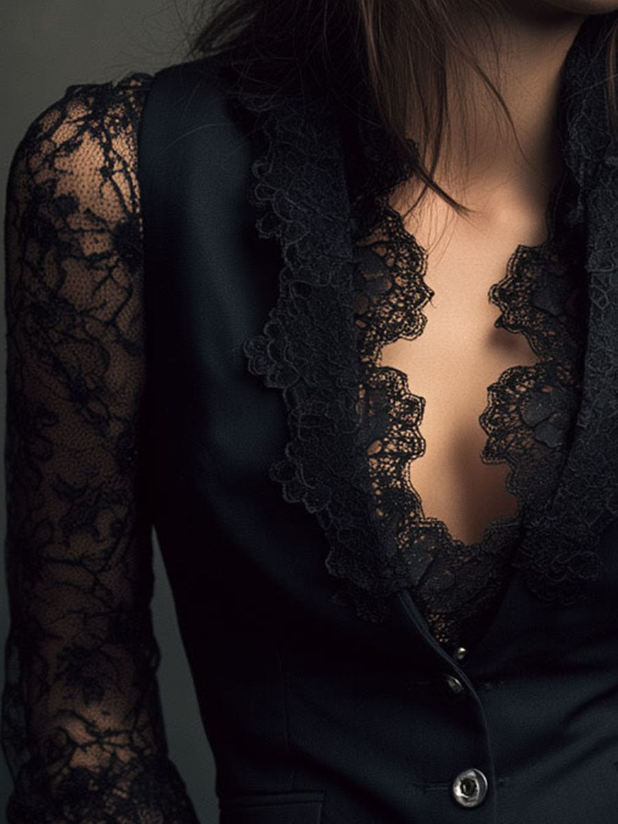 High Black Blazer with Semi-Sheer Sleeves