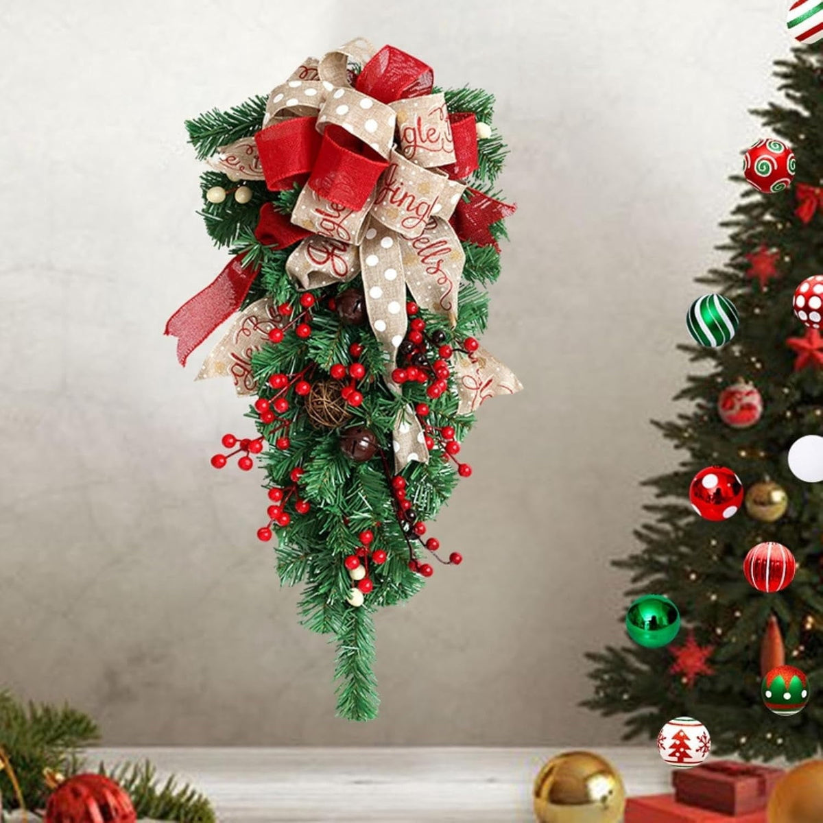 Upside Down Christmas Tree Door Swag with Bows and Berries, 60 cm