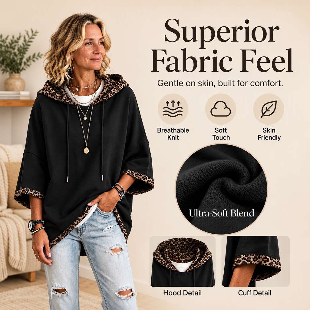 Leopard Detail, Easy Style | Women's Loose-Fit Drawstring Hoodie