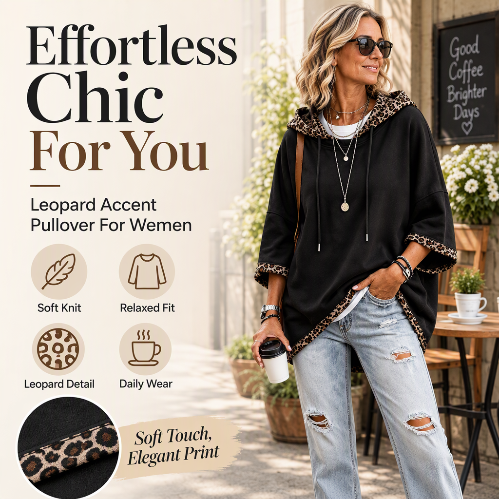 Leopard Detail, Easy Style | Women's Loose-Fit Drawstring Hoodie