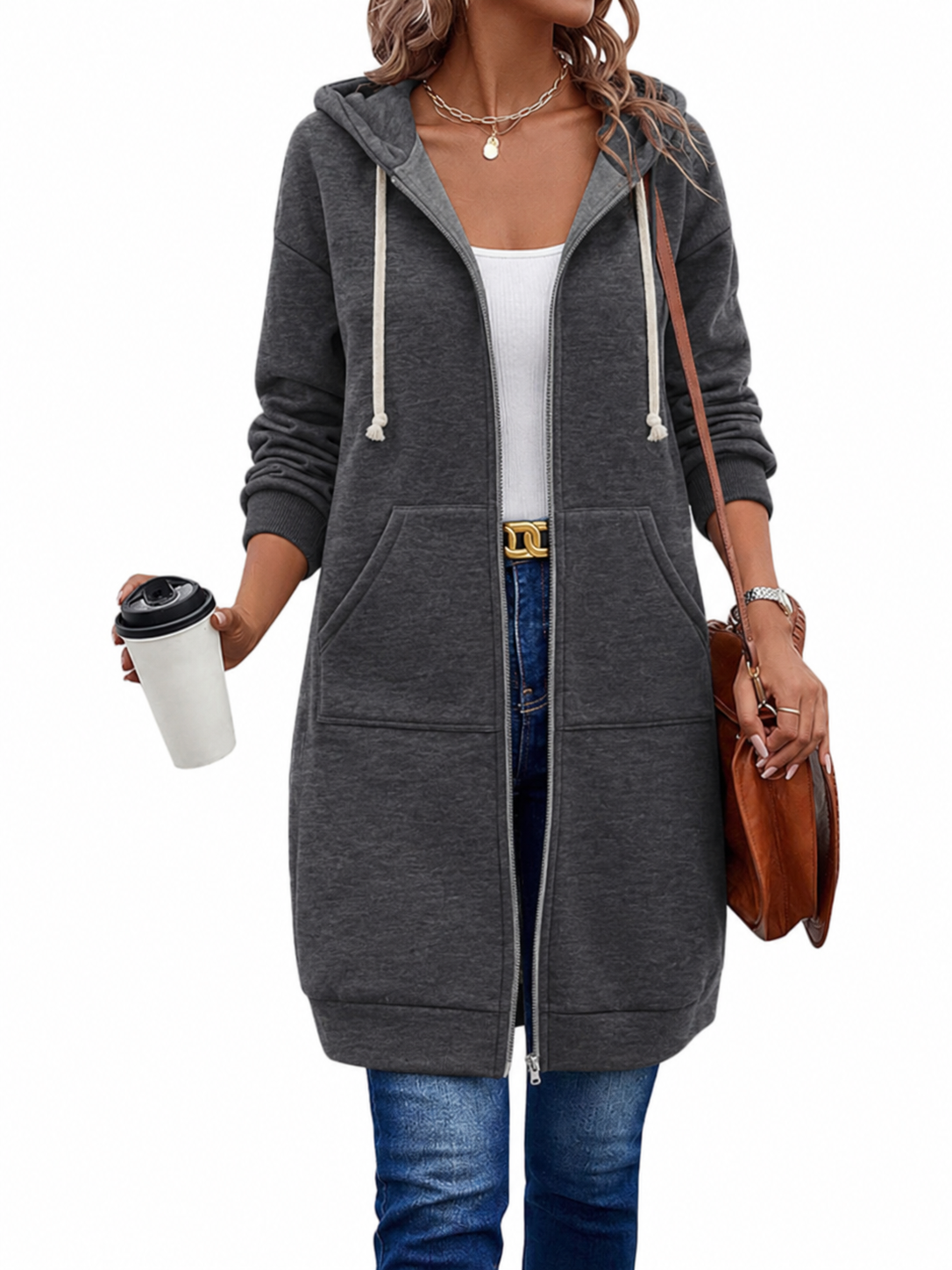 Long Zip Hoodie with Hood Drawstring