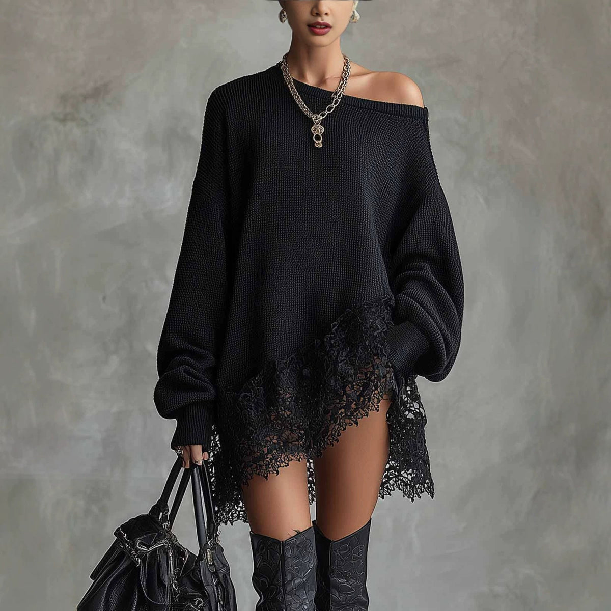 Women's Off-Shoulder Lace Trim Sweater Dress