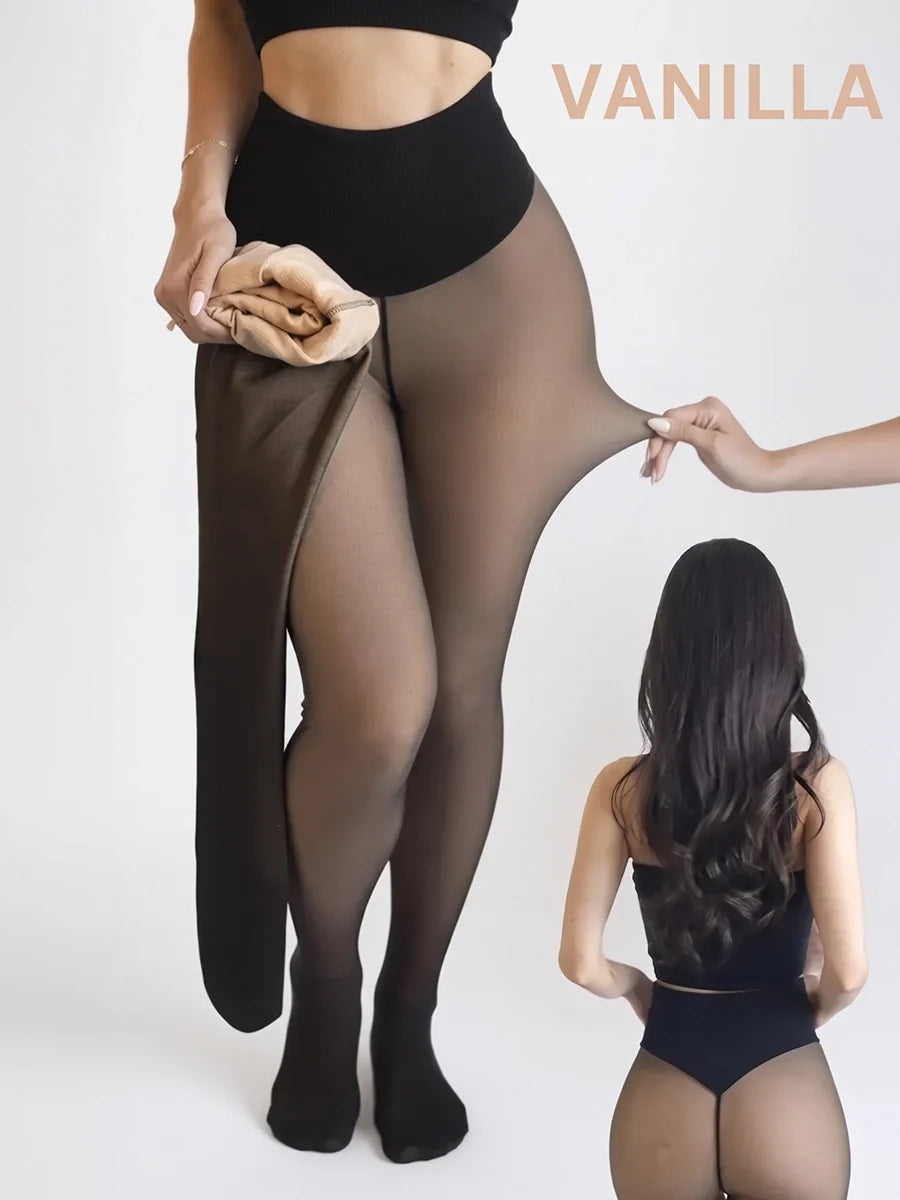 High-Waist Fleece-Lined Faux-Sheer Tights for Winter Outfits