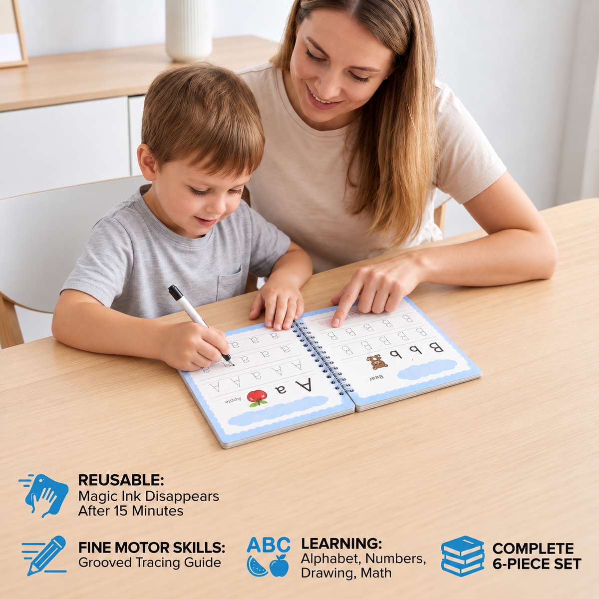 Reusable Grooved Handwriting Practice Books for Kids – 6-Piece Tracing & Writing Set