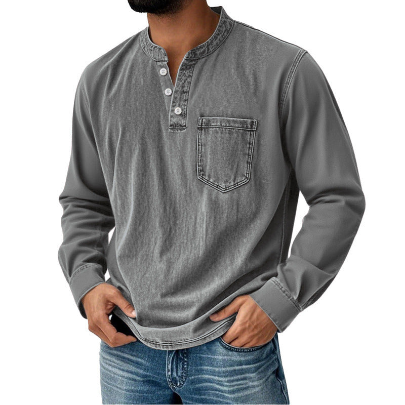 Men's Denim Shirt with Long Sleeves, V-Neck and Pocket