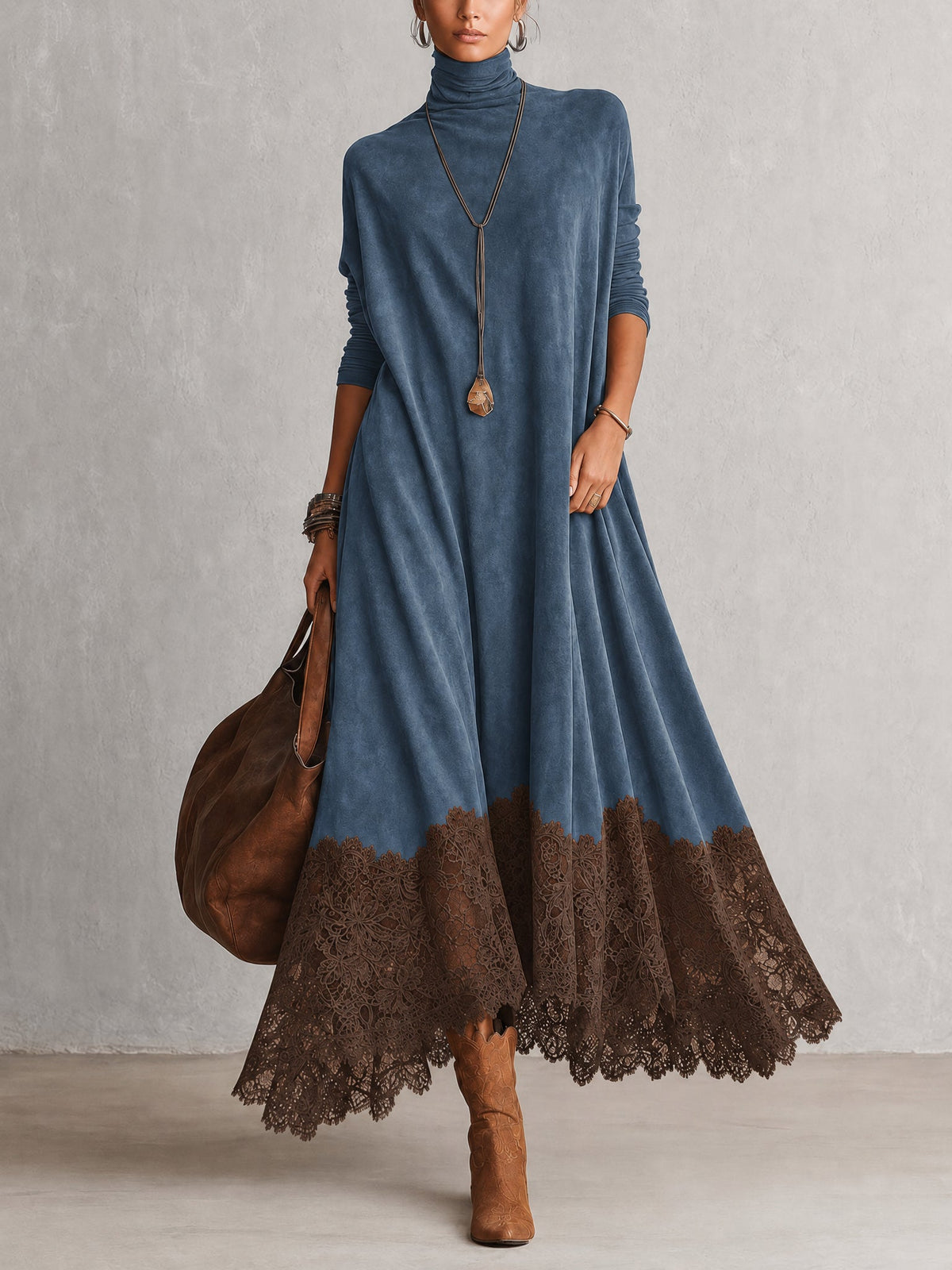 A-Line High-Neck Dress with Lace Panels and Long Sleeves