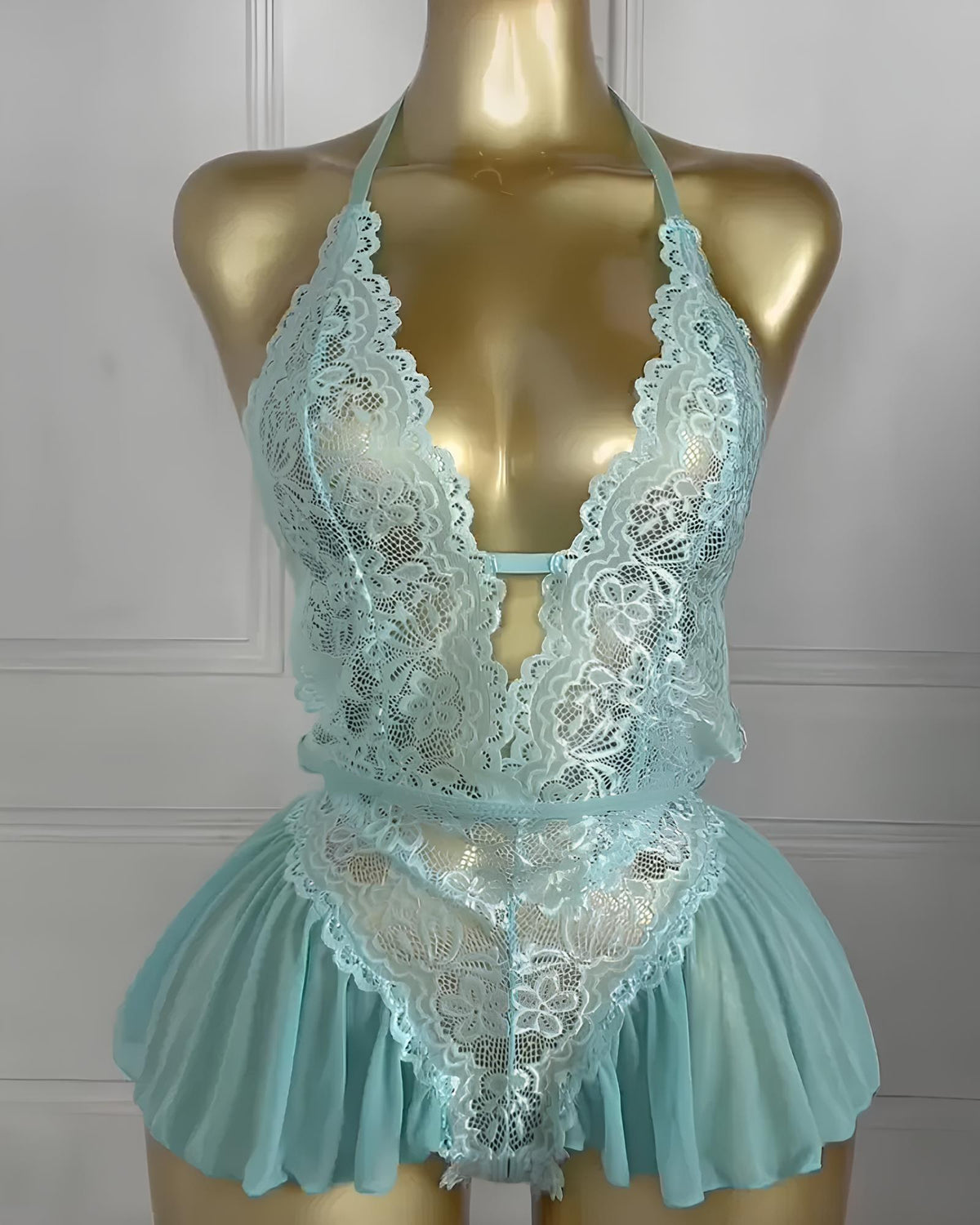 Lace and Satin Pajama Set with V-Neckline and Mesh Skirt