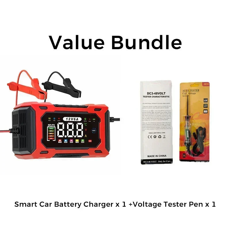 Smart Car Battery Charger 12 V 6 A – Pulse Repair Function, LCD Display and Maximum Safety