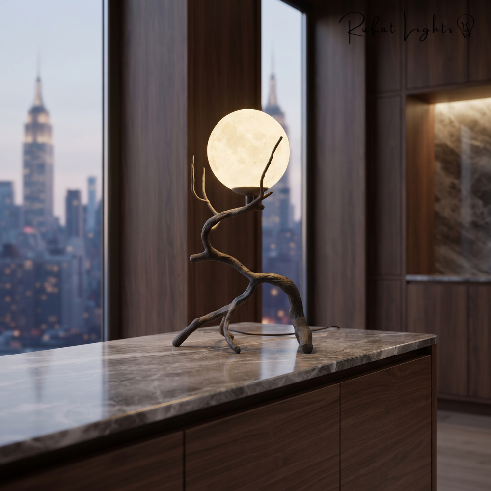 Rustic Wood Grain Moon Table Light
